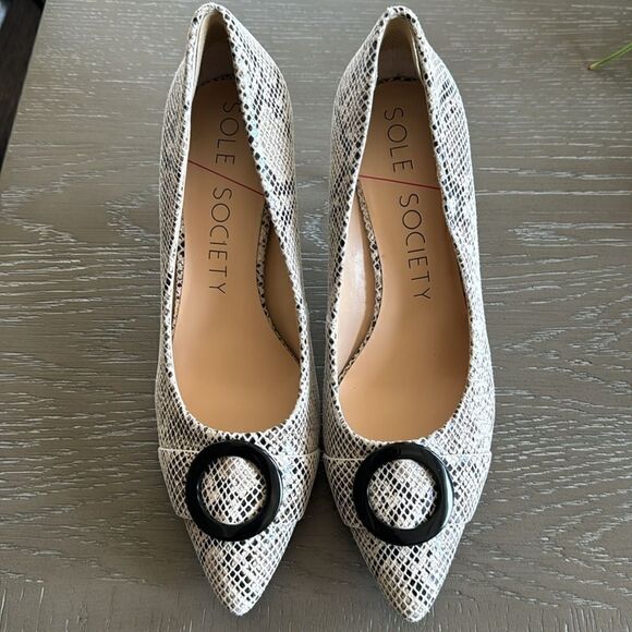 Sole Society Ronya Pump Leather Beige Brown Snake Print Pointed Toe Shoes Sz 9.5 - Picture 2 of 13